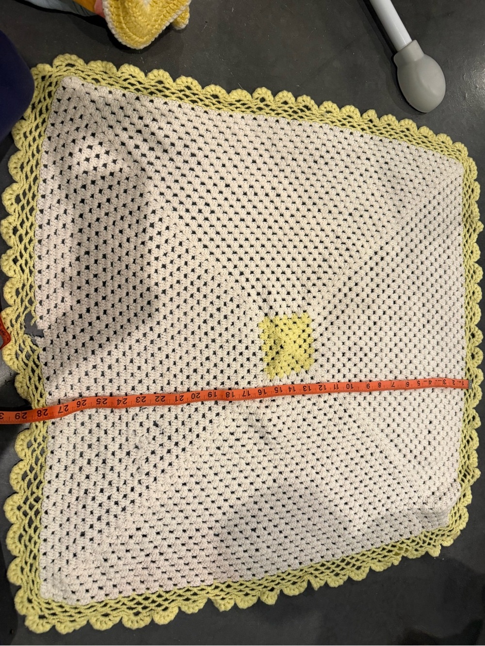Handmade White Crochet Baby Blanket with Yellow Border